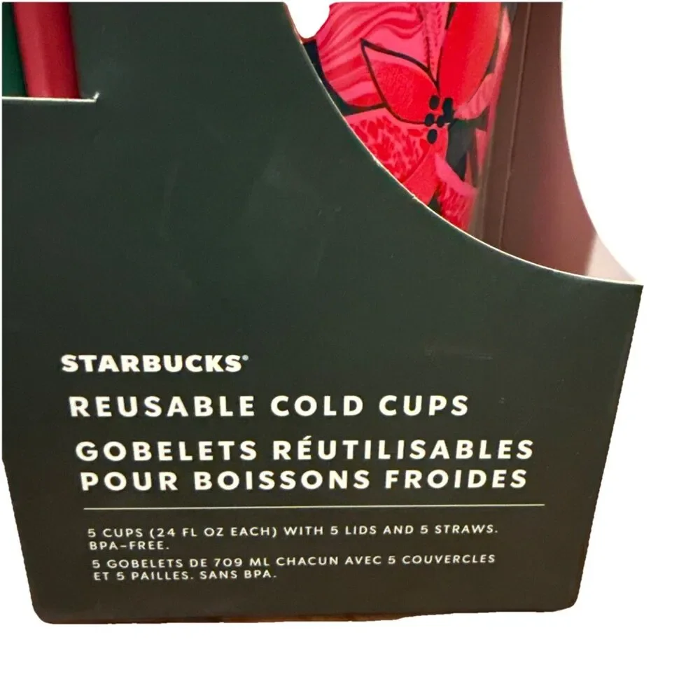 Starbucks NEW in Box Reusable Cold Cups Lids & Straws 24 Oz 5 Pieces Holiday
